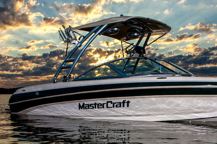 windshield-mounted mirror installed on mastercraft boat with monster wakeboard tower
