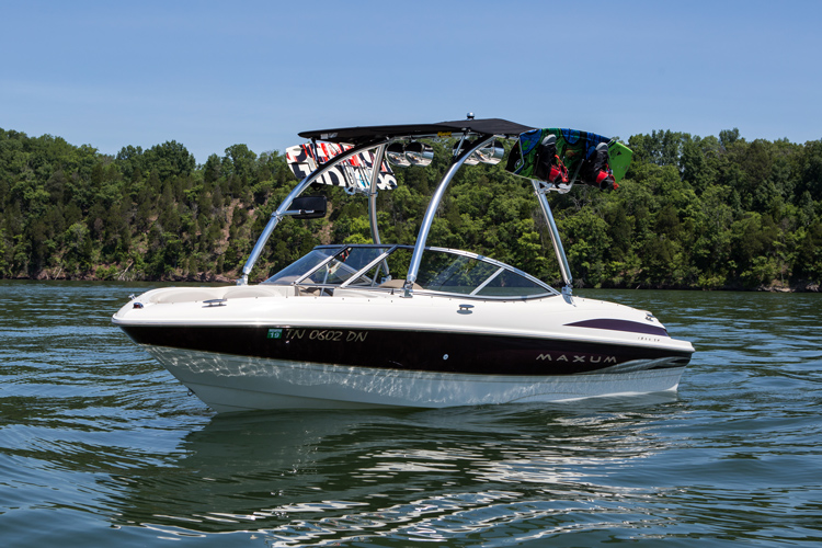 windshield-mounted mirror installed on mastercraft boat with monster wakeboard tower